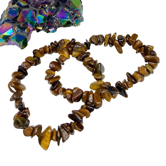 Artisan Jewelry - Tiger’s Eye Gemstone Chips Beaded Stretch Bracelet Natural Stone Crystal Brown